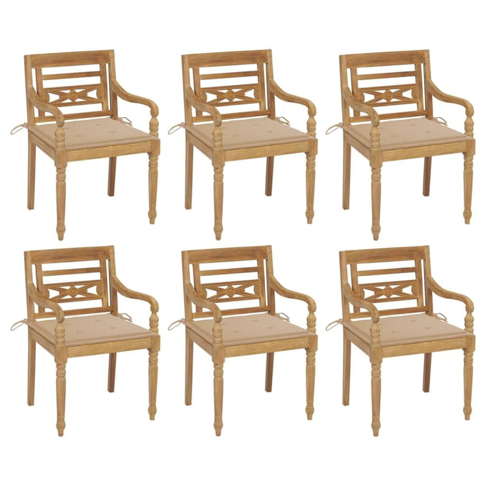 Vidaxl Batavia stoličky s podložkami 6 ks tíkový masív